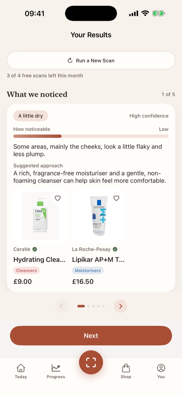 Journey's scan results with a skin observation, suggested approach and matching products